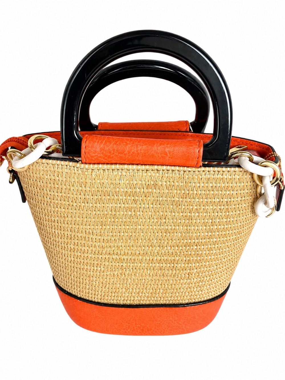 NWT Straw Tote Handbag Orange Vegan Leather Crossbody 3-Piece Set - Picture 3 of 12